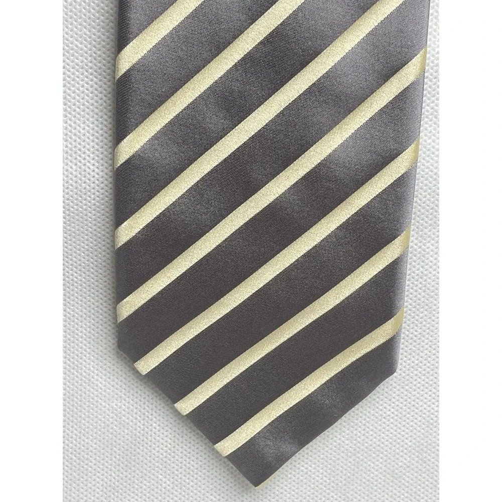 Brioni Classic Thick Repp Silk Striped Tie Gray Yellow Handmade Italian Necktie